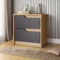 Wooden dresser with two drawers, one gray and one natural wood, against a striped wall.