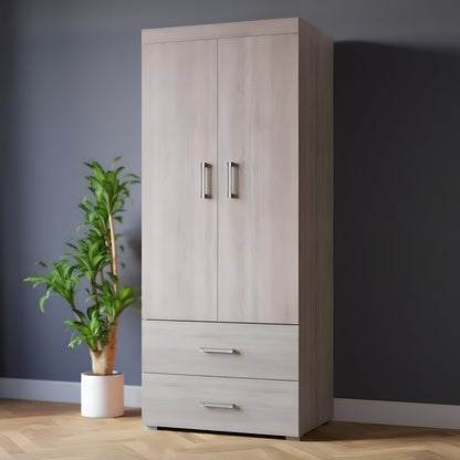 Wooden wardrobe with two doors and two drawers against a dark wall with a plant beside it.