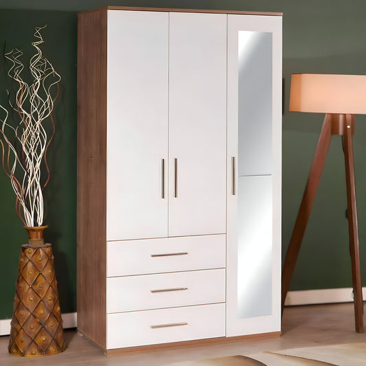White wardrobe with wooden accents against a green wall