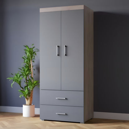 Gray wardrobe with two doors and two drawers next to a potted plant against a dark wall.