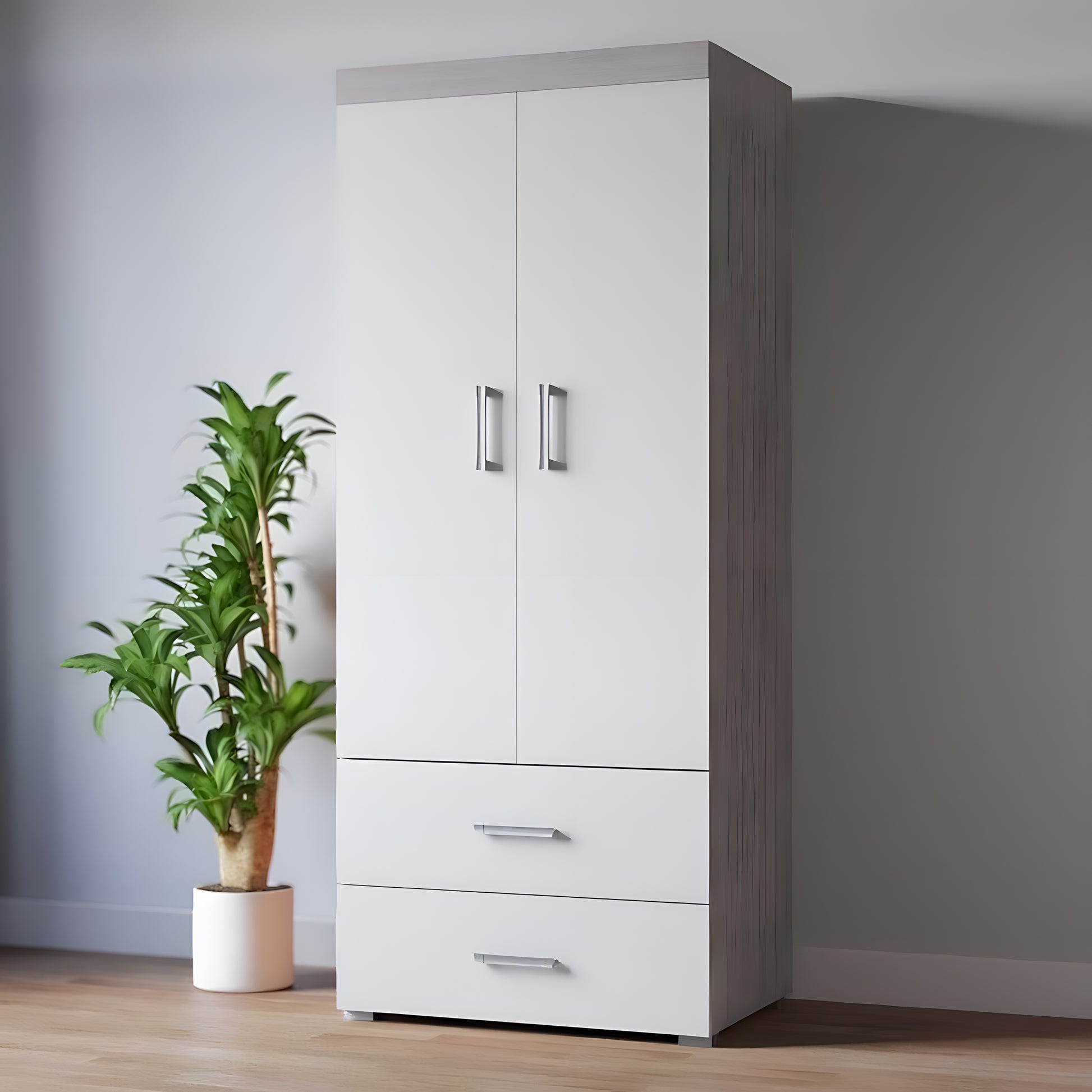 White wardrobe with silver handles next to a potted plant against a gray wall.