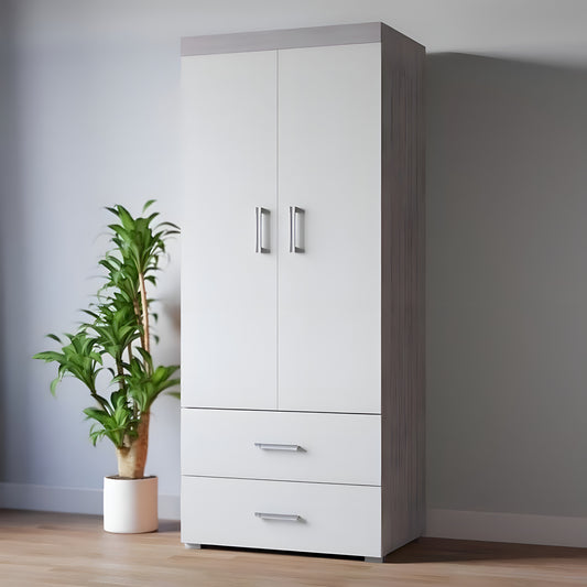 White wardrobe with silver handles next to a potted plant against a gray wall.