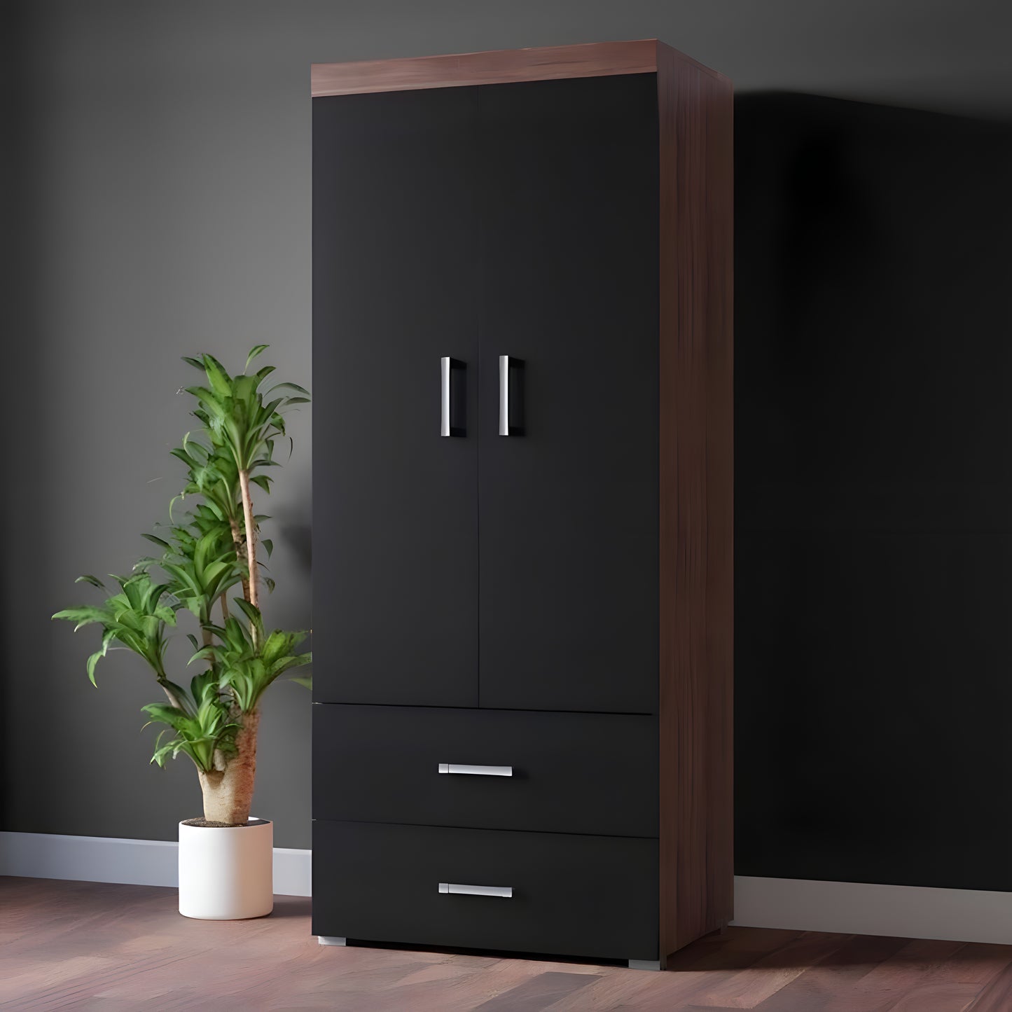 Black wardrobe with wooden accents against a dark wall with a plant on the left.