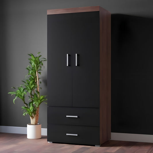 Black wardrobe with wooden accents against a dark wall with a plant on the left.