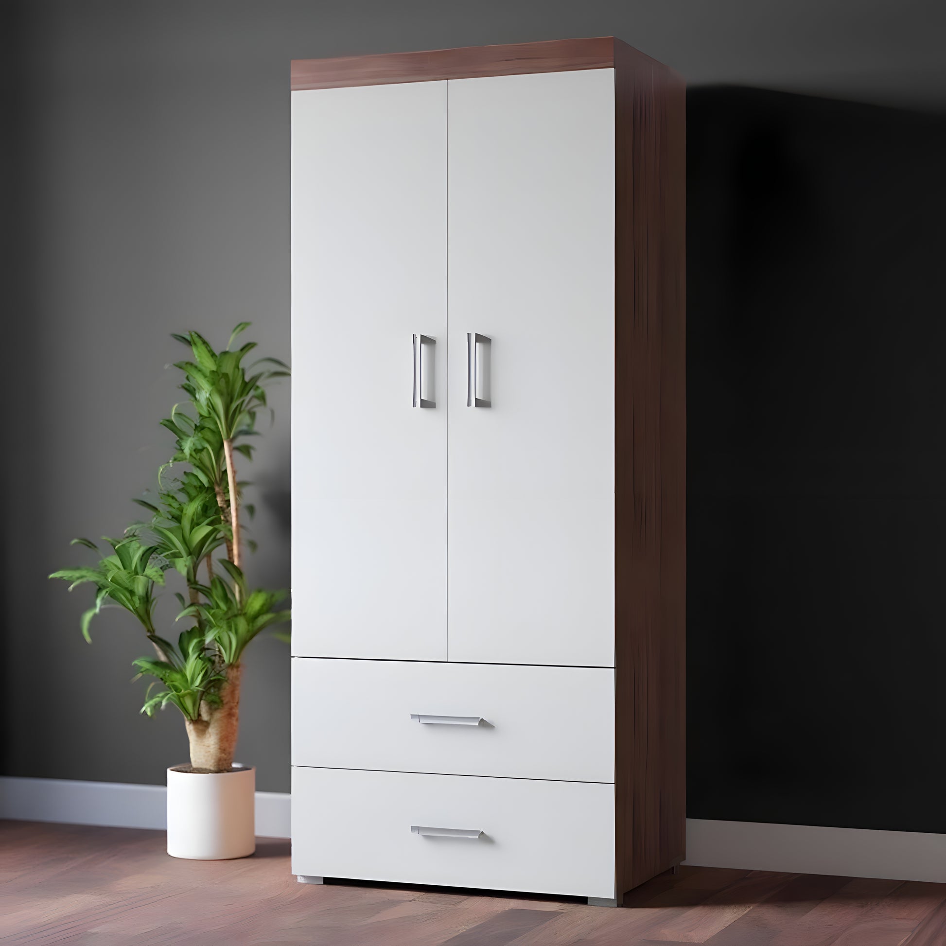 Tall white wardrobe with wooden top next to a potted plant against a dark wall.