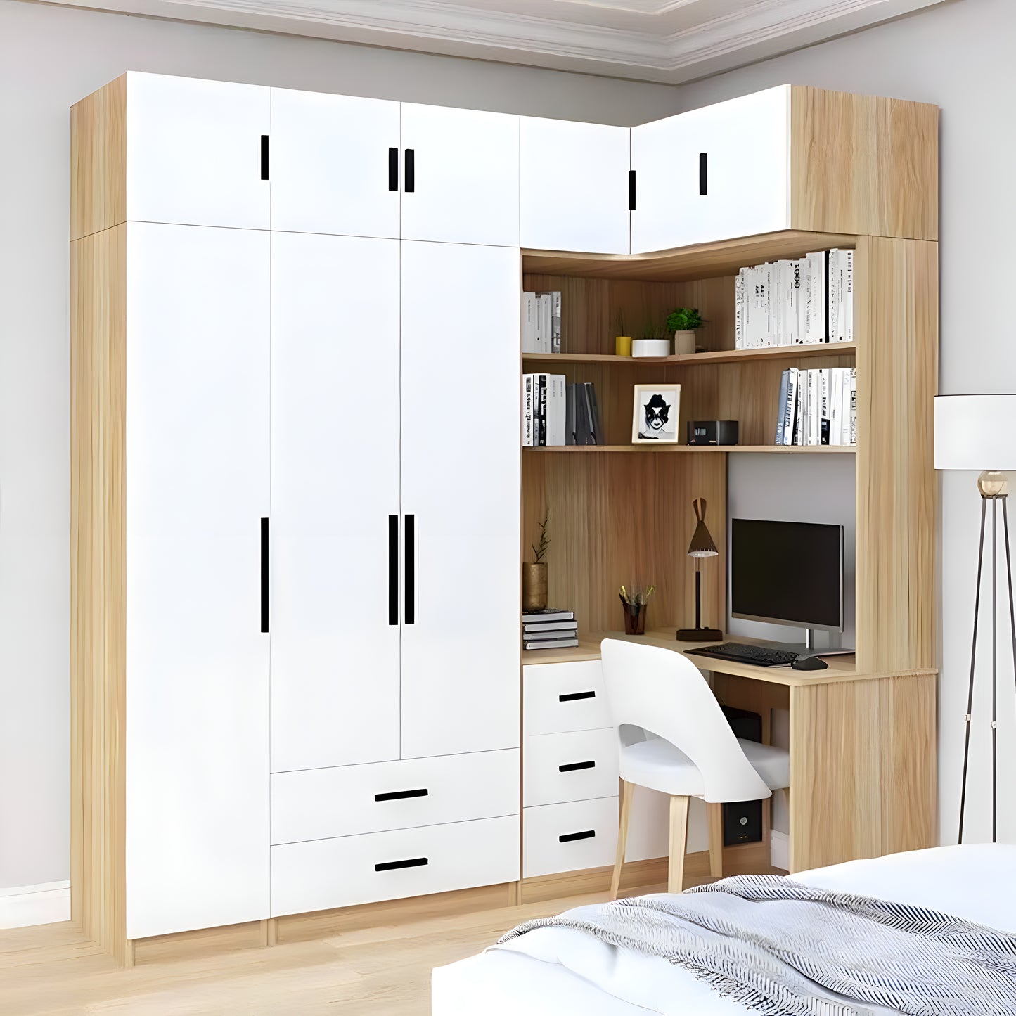 Modern bedroom with white wardrobe and wooden study nook.
