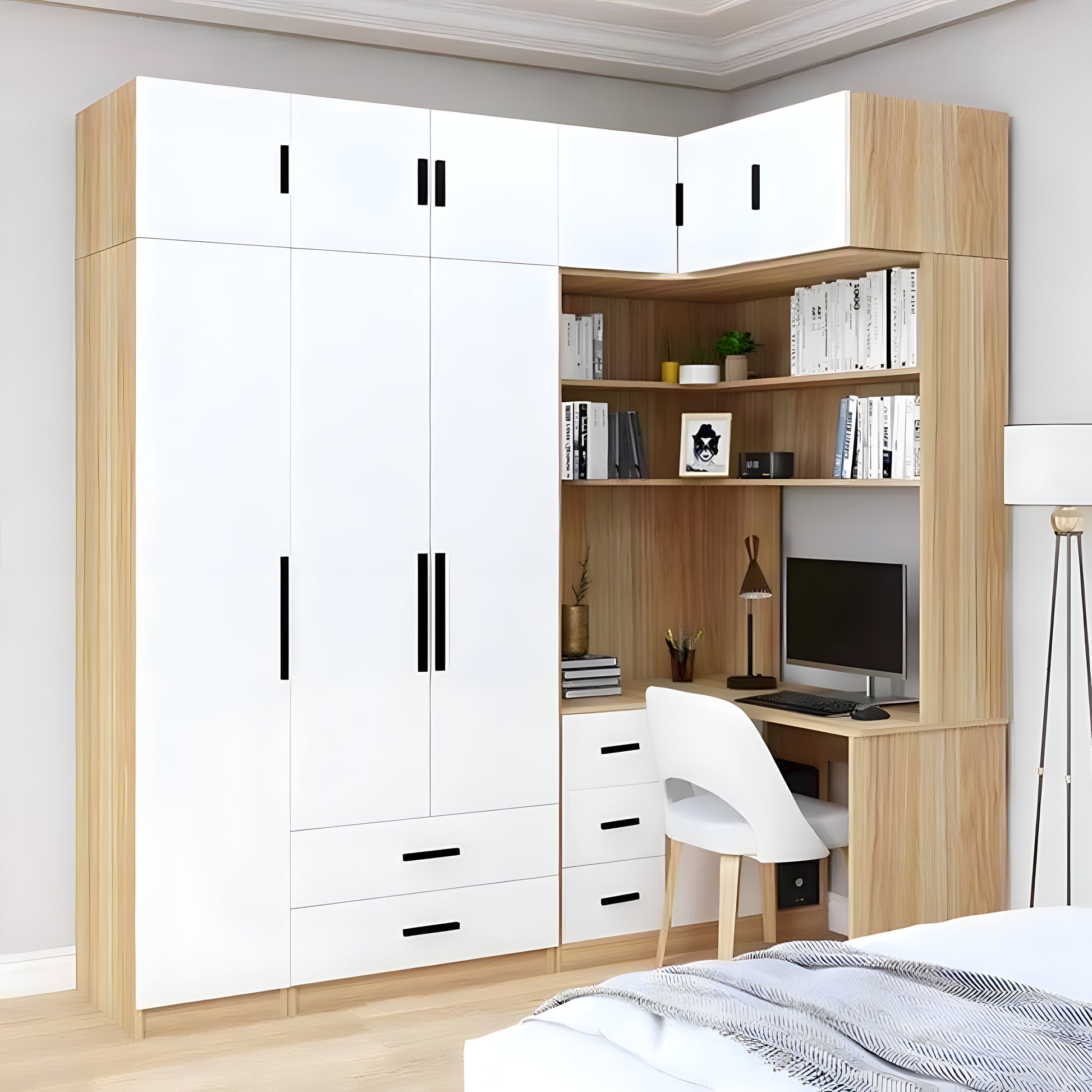 Modern bedroom with white wardrobe and wooden study nook.