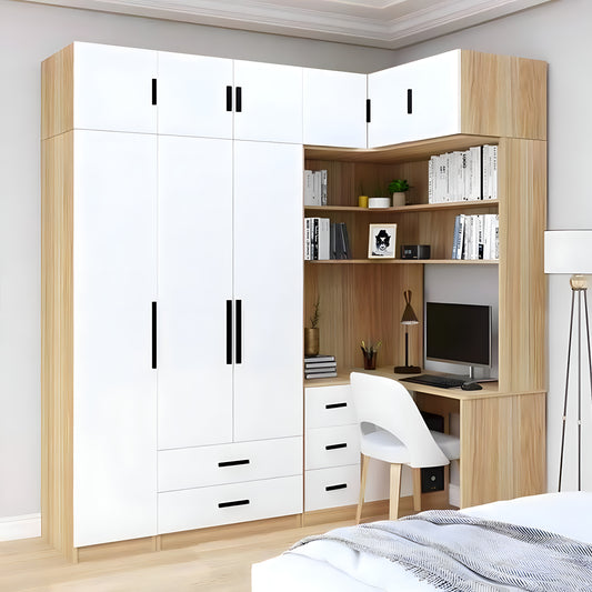 Modern bedroom with white wardrobe and wooden study nook.
