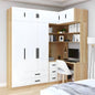 Modern bedroom with white wardrobe and wooden study nook.