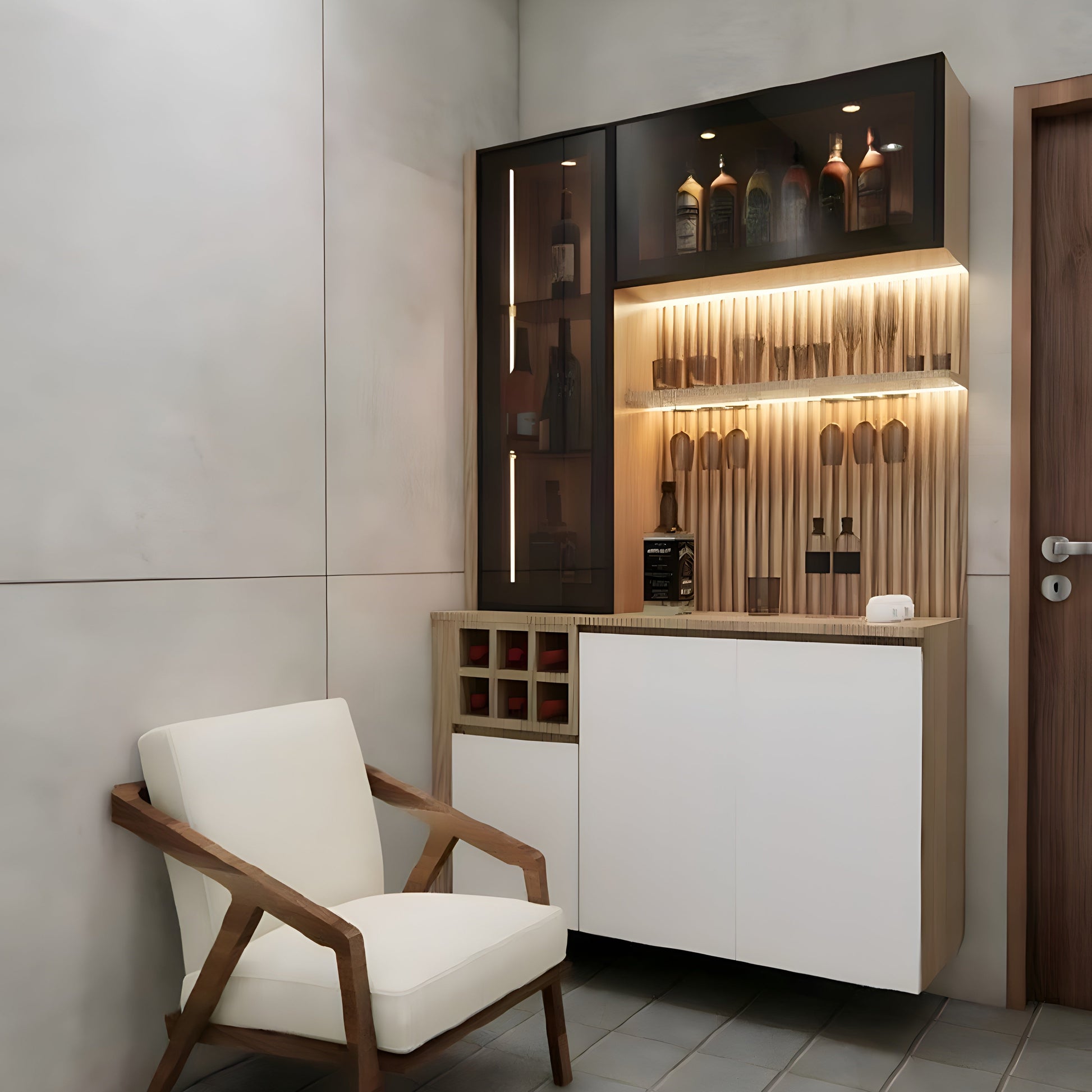 Modern home bar with wooden chair and illuminated cabinet