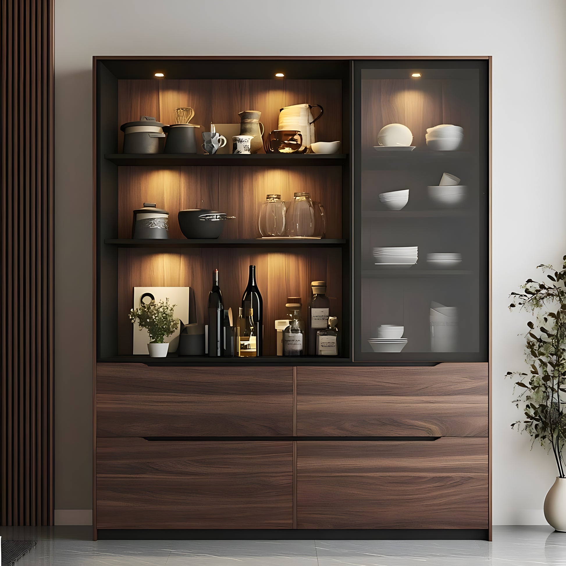 Wooden cabinet with shelves displaying various items in a well-lit room.