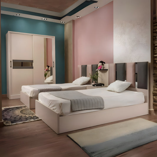 Modern bedroom with two beds, a wardrobe, and decorative elements.