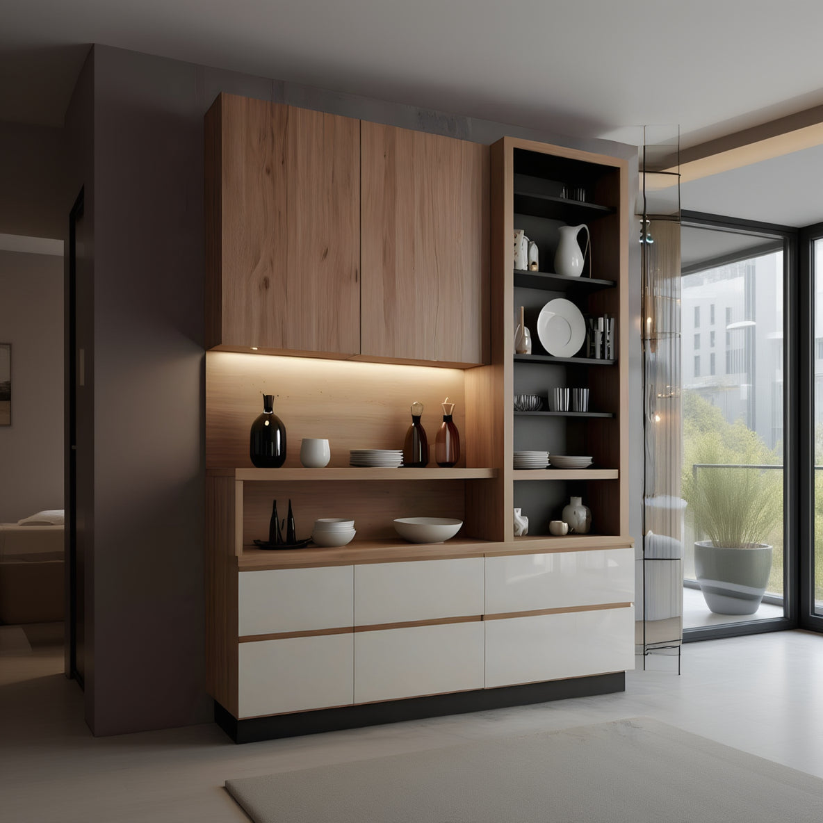Modern kitchen cabinet with wooden and white design, shelves with decorative items.