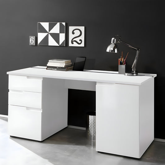 White office desk with a black wall and decorative elements