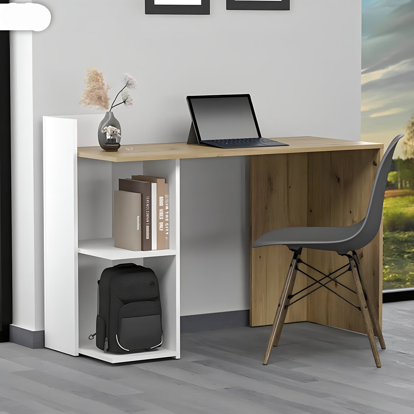 Modern corner desk with a laptop, books, and a backpack in a home office setting.