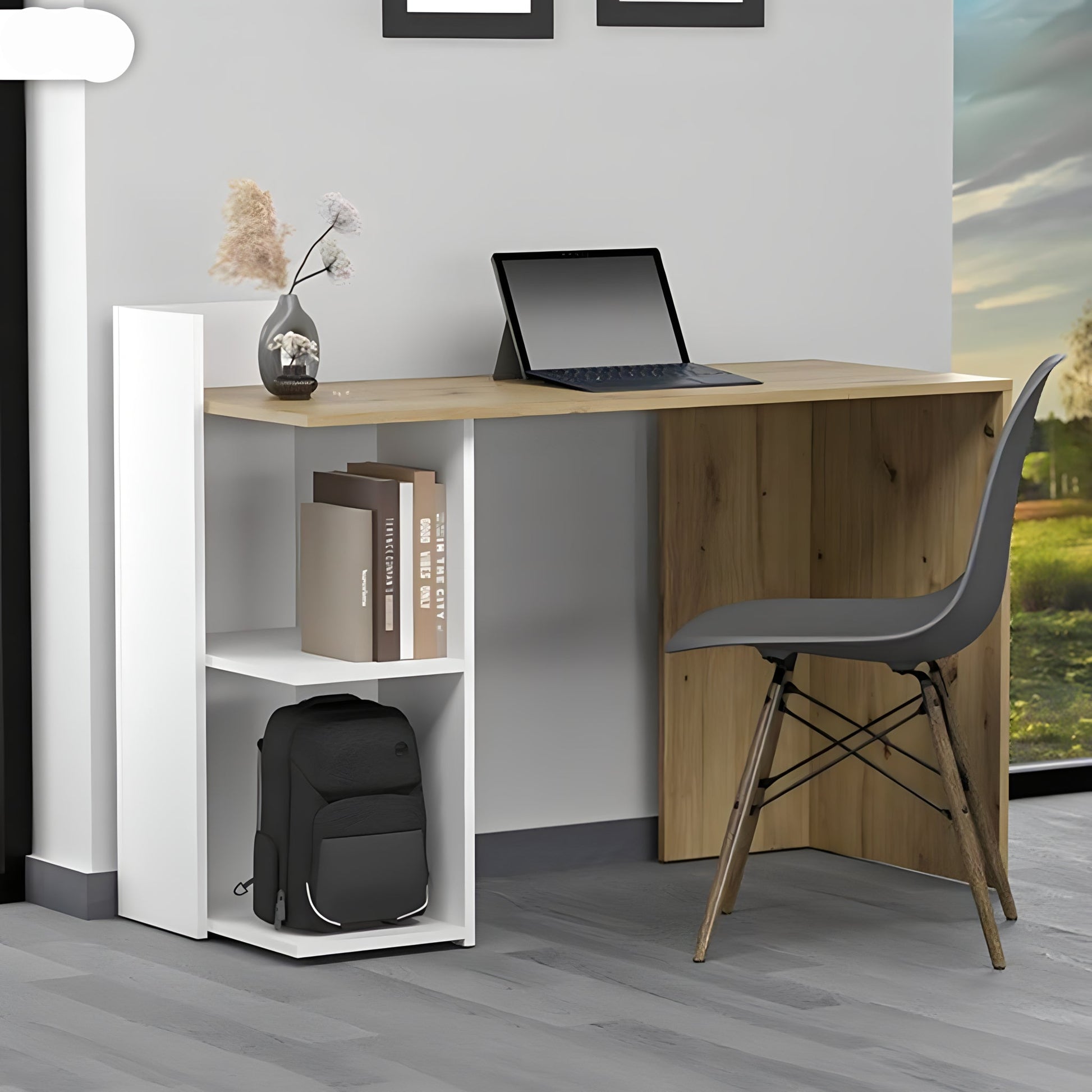 Modern corner desk with a laptop, books, and a backpack in a home office setting.