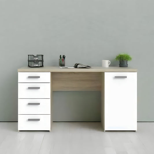 Modern office desk with white drawers and a wooden surface against a gray wall.