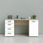 Modern office desk with white drawers and a wooden surface against a gray wall.
