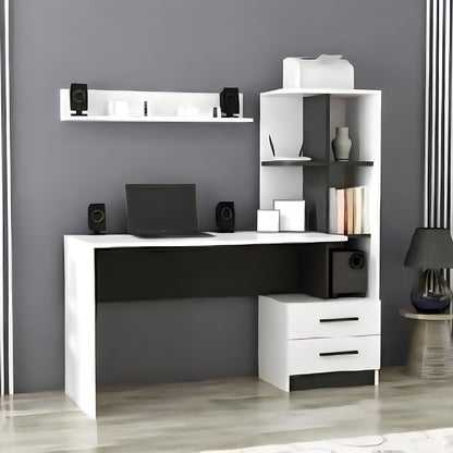 Modern office setup with a white L-shaped desk, shelves, and computer equipment against a gray wall.