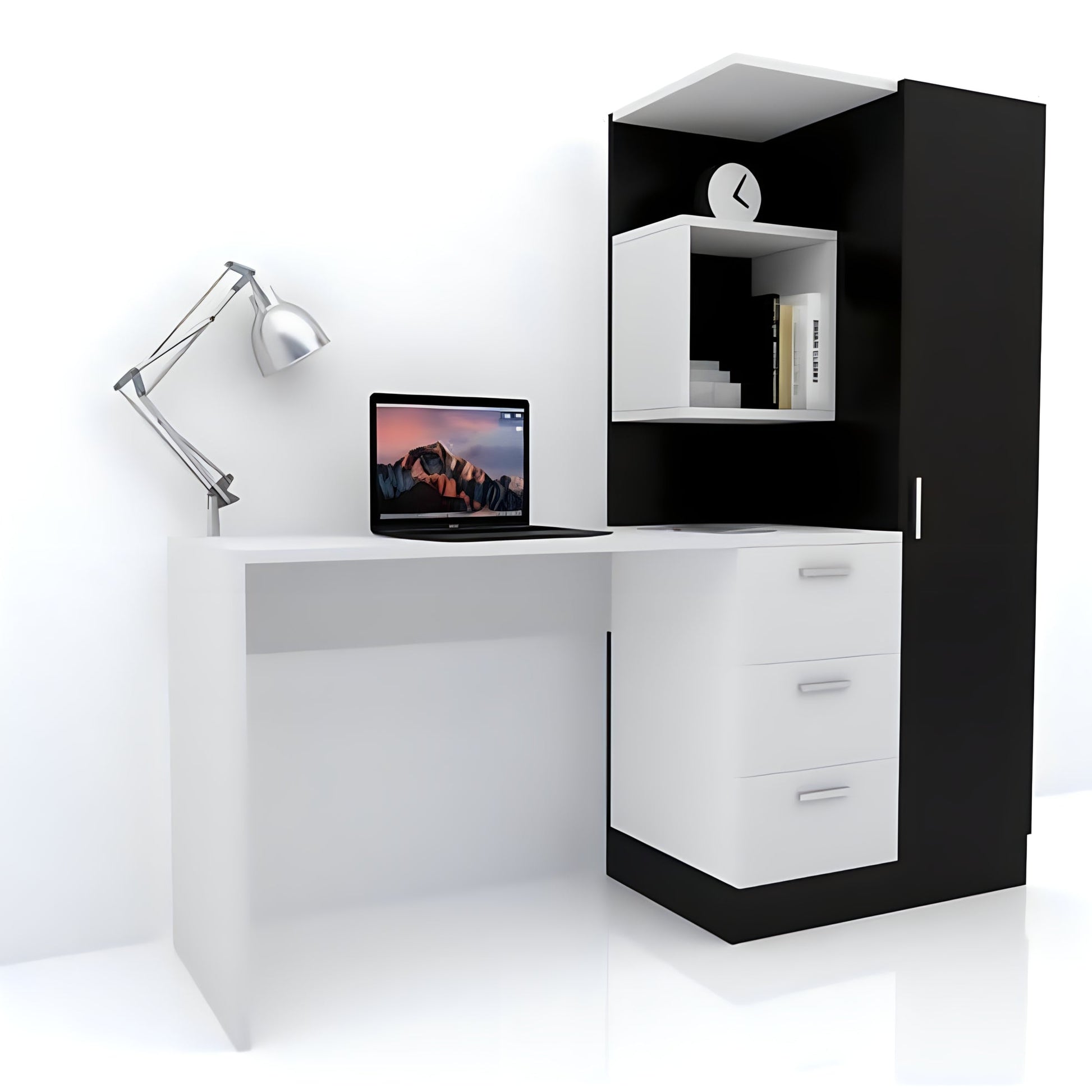 Black and white office desk with a laptop, lamp, and shelves on a white background
