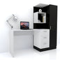 Black and white office desk with a laptop, lamp, and shelves on a white background