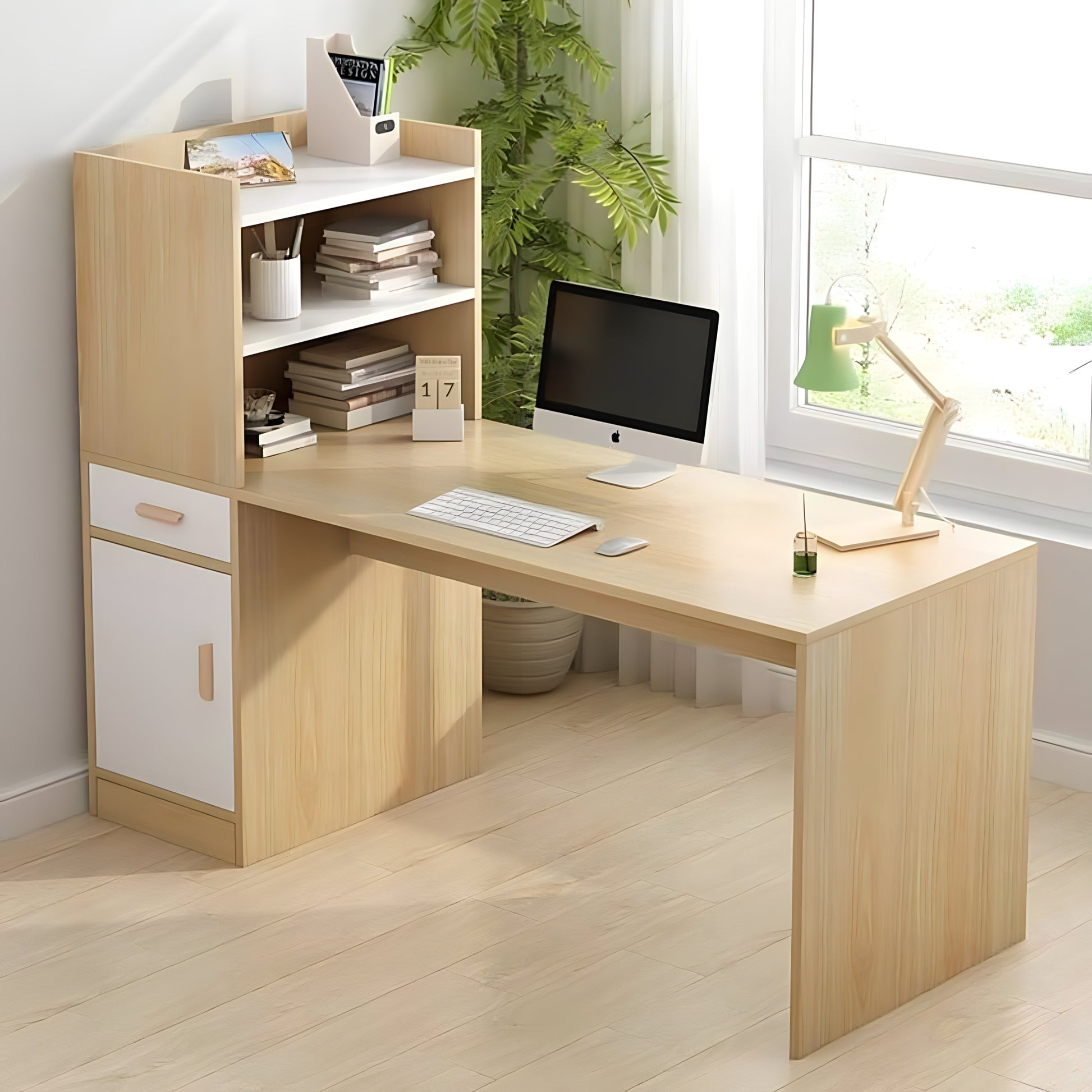 Wooden office desk with shelves, computer setup, and decor in a bright room.