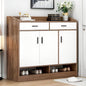 Wooden shoe cabinet with white doors and shelves on a wooden floor.