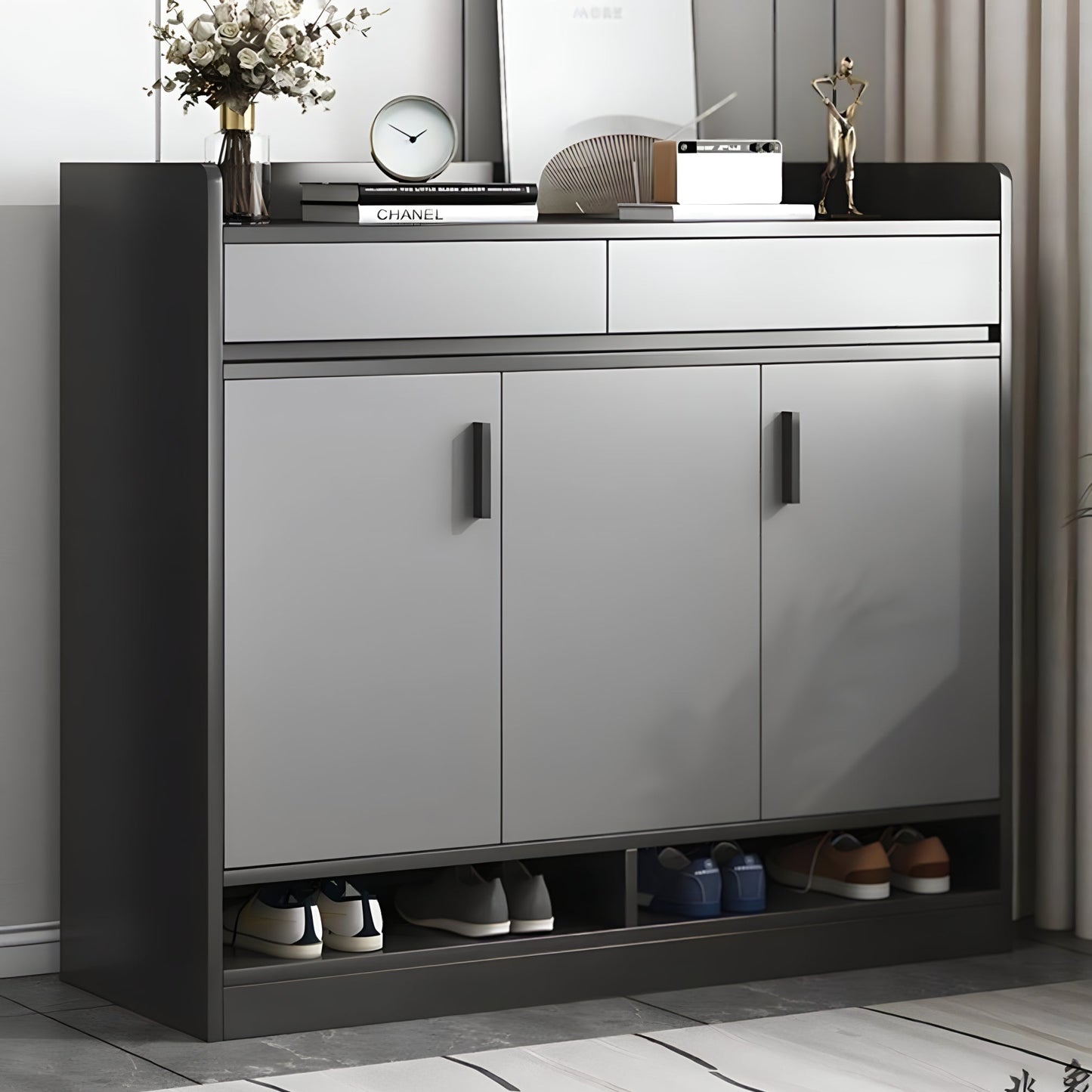 Modern shoe cabinet with open doors displaying shoes, placed against a neutral wall.