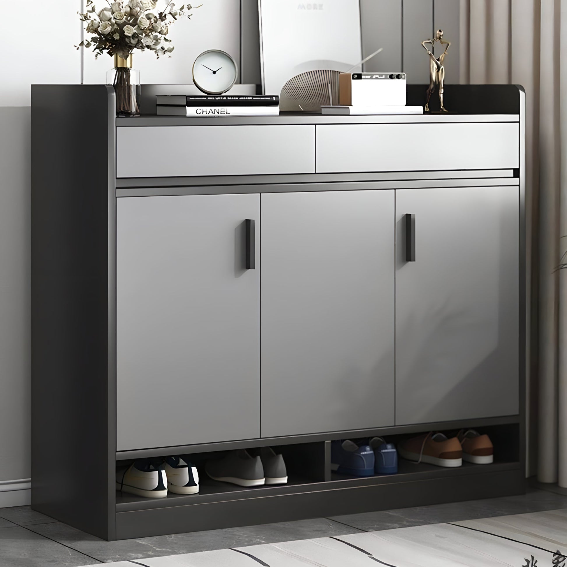 Modern shoe cabinet with open doors displaying shoes, placed against a neutral wall.