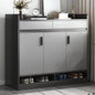 Modern shoe cabinet with open doors displaying shoes, placed against a neutral wall.