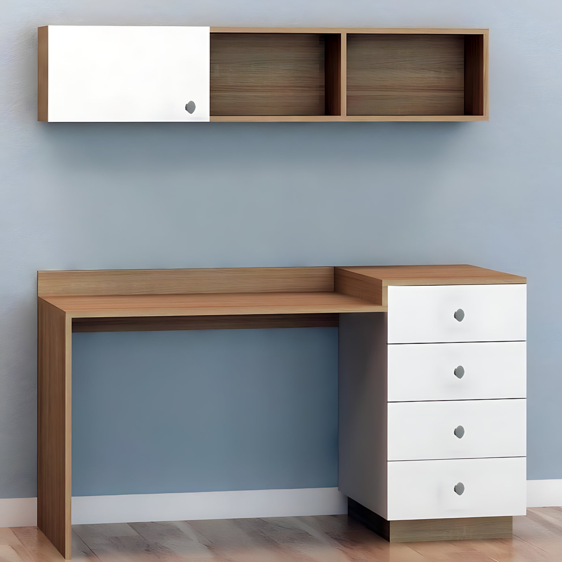 Wooden desk with white drawers against a light blue wall