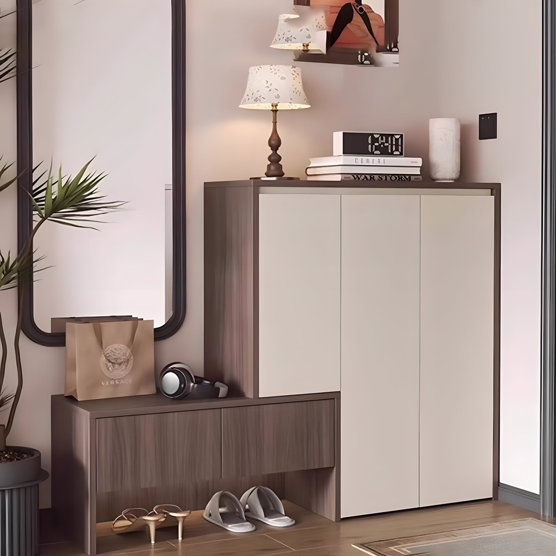 Modern interior with a shoe cabinet, mirror, and decorative items.