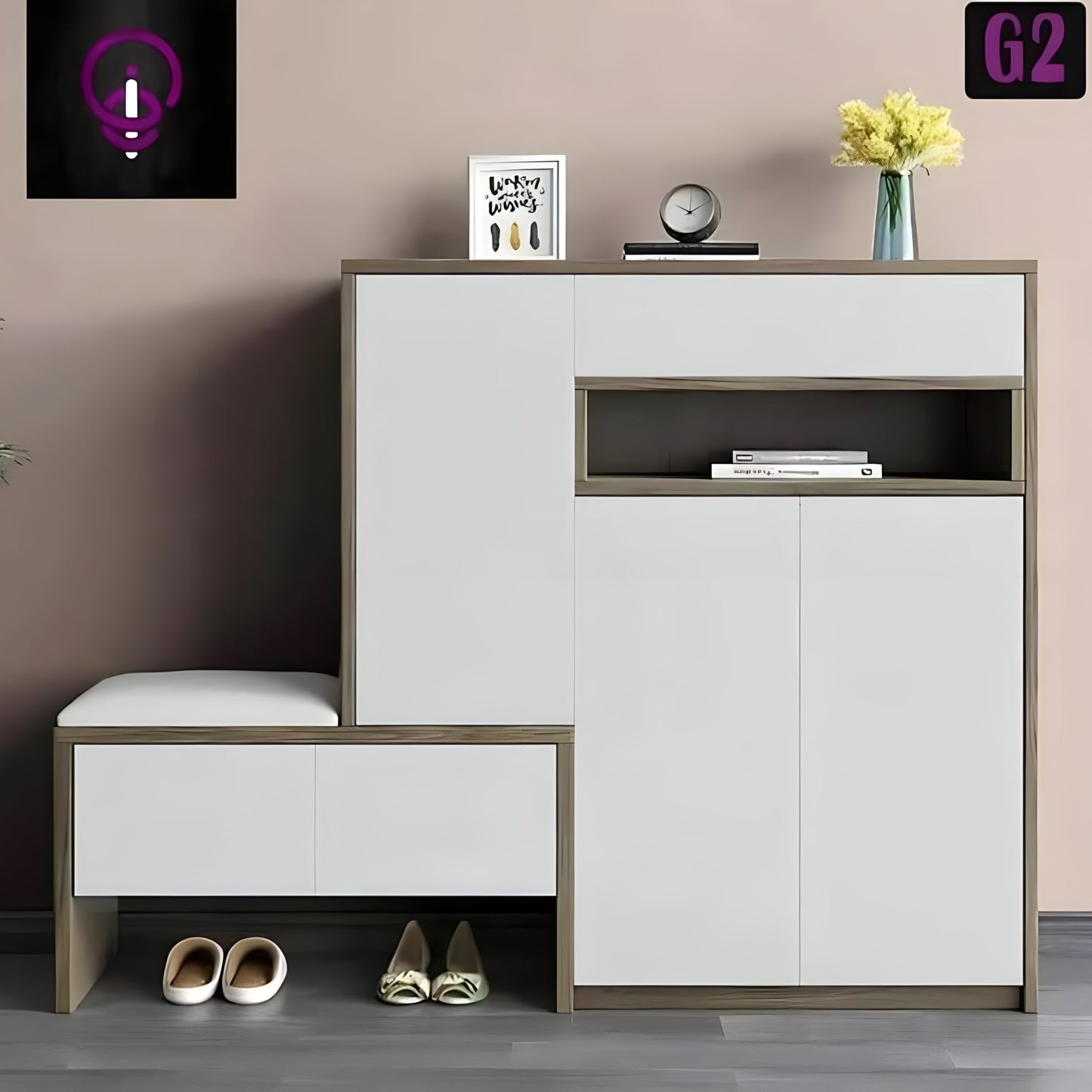 Modern shoe cabinet with storage compartments and a small table on a neutral background.