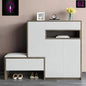 Modern shoe cabinet with storage compartments and a small table on a neutral background.