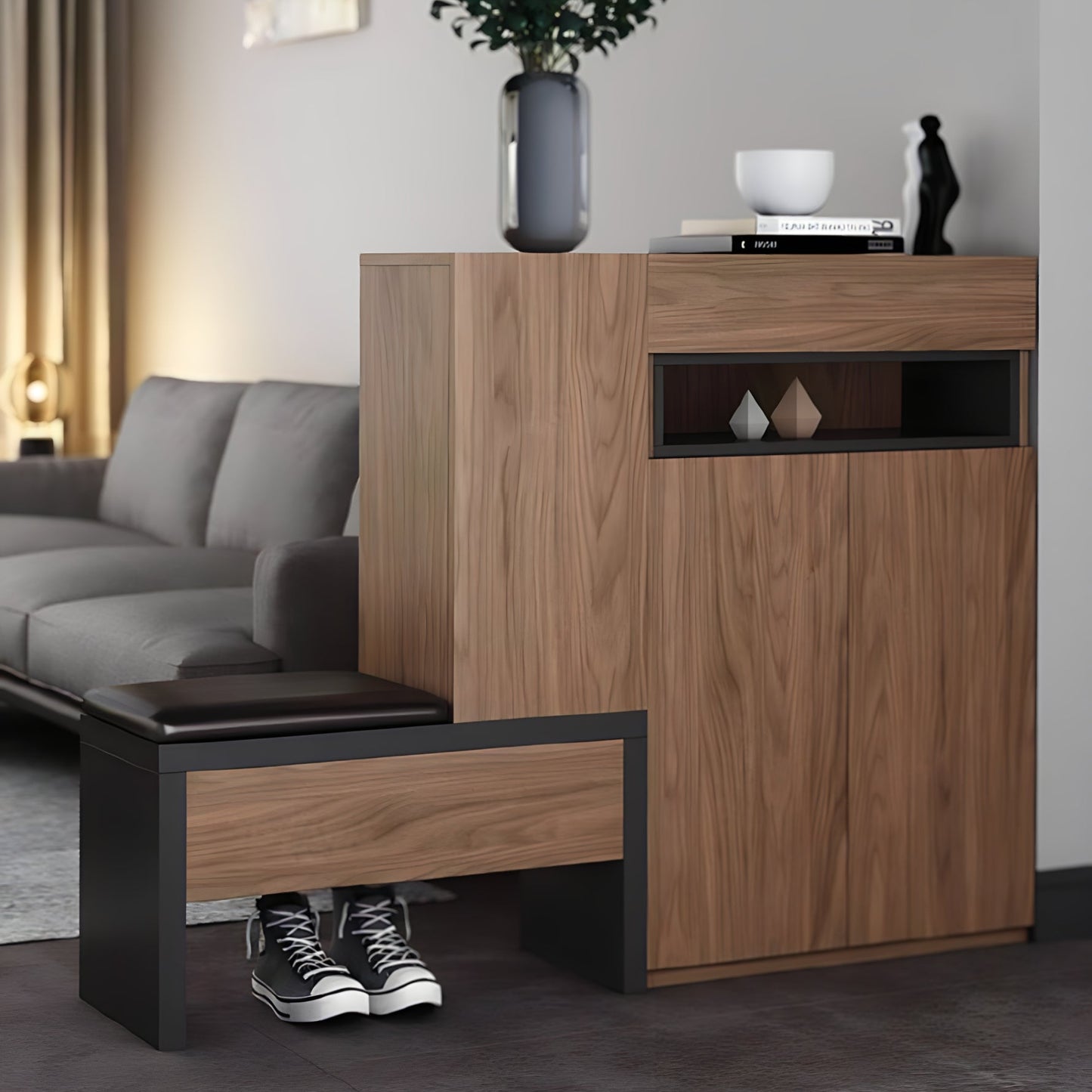Wooden sideboard with a small table in a living room setting