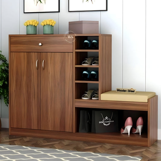 Wooden shoe cabinet with shelves and a bench in a room setting.