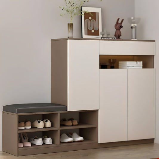 Modern shoe cabinet with open doors displaying shoes and decorative items on a neutral background.