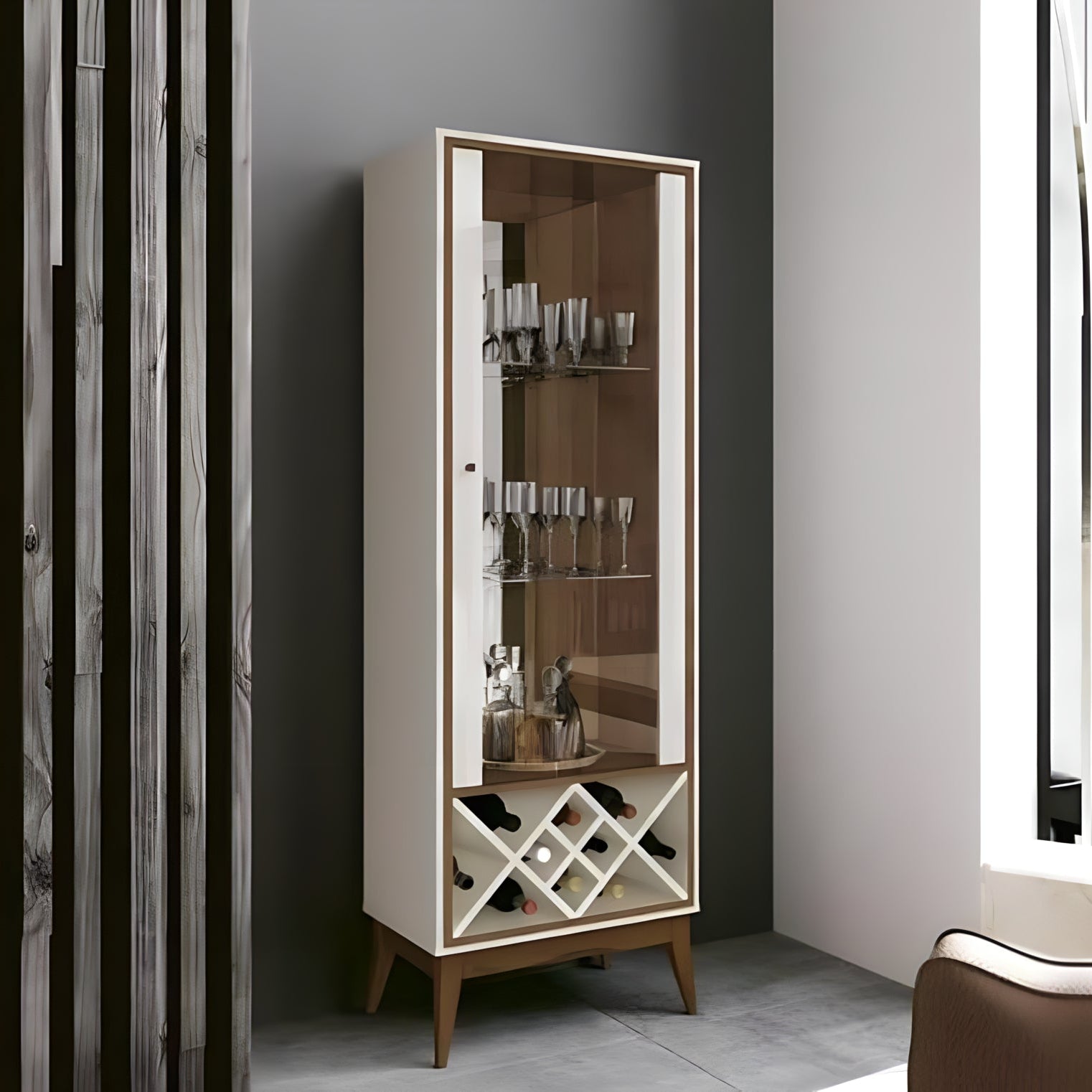 Tall white and wood cabinet with glass doors in a modern interior setting.