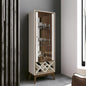 Tall white and wood cabinet with glass doors in a modern interior setting.