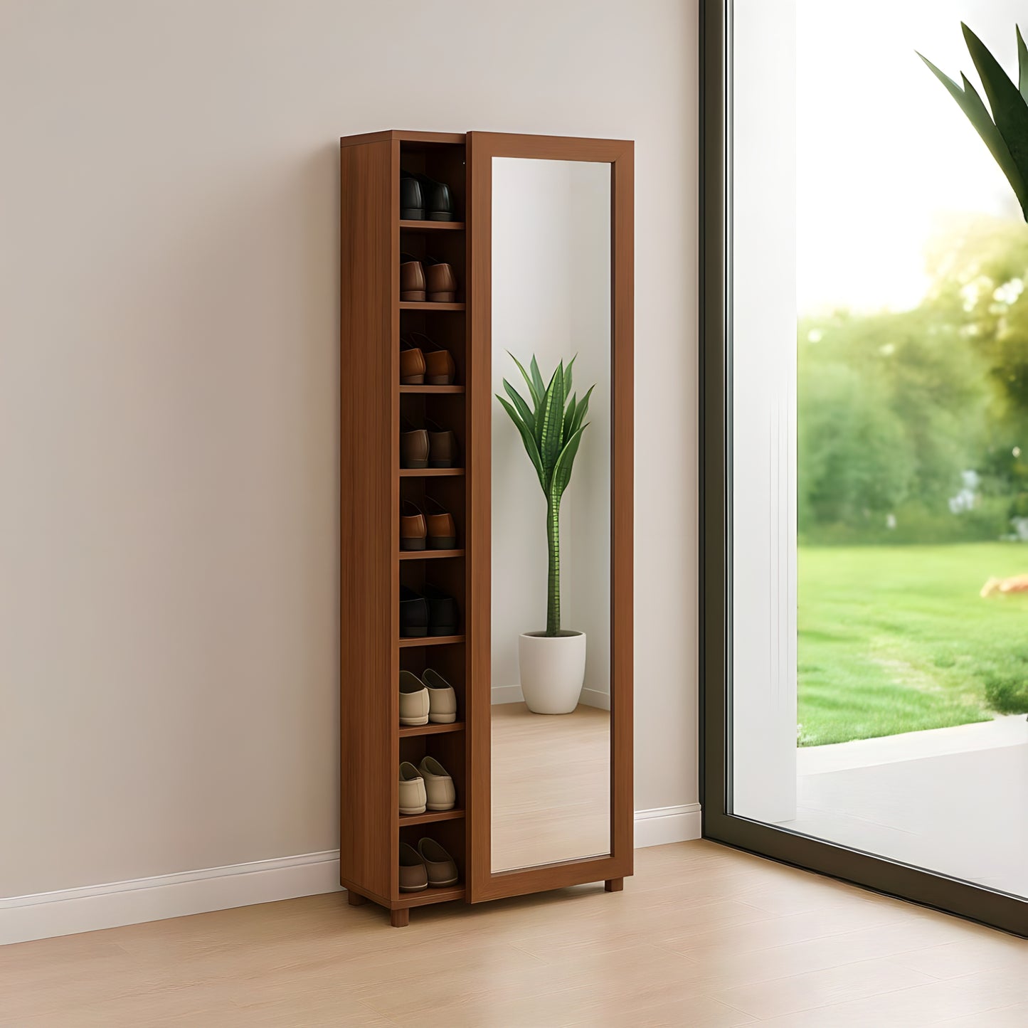 Tall wooden shoe cabinet with mirror next to a window with a view of greenery