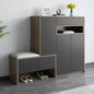 Modern shoe cabinet with storage compartments and a bench on a gray floor.