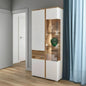 White and wood display cabinet with glass shelves in a room setting.
