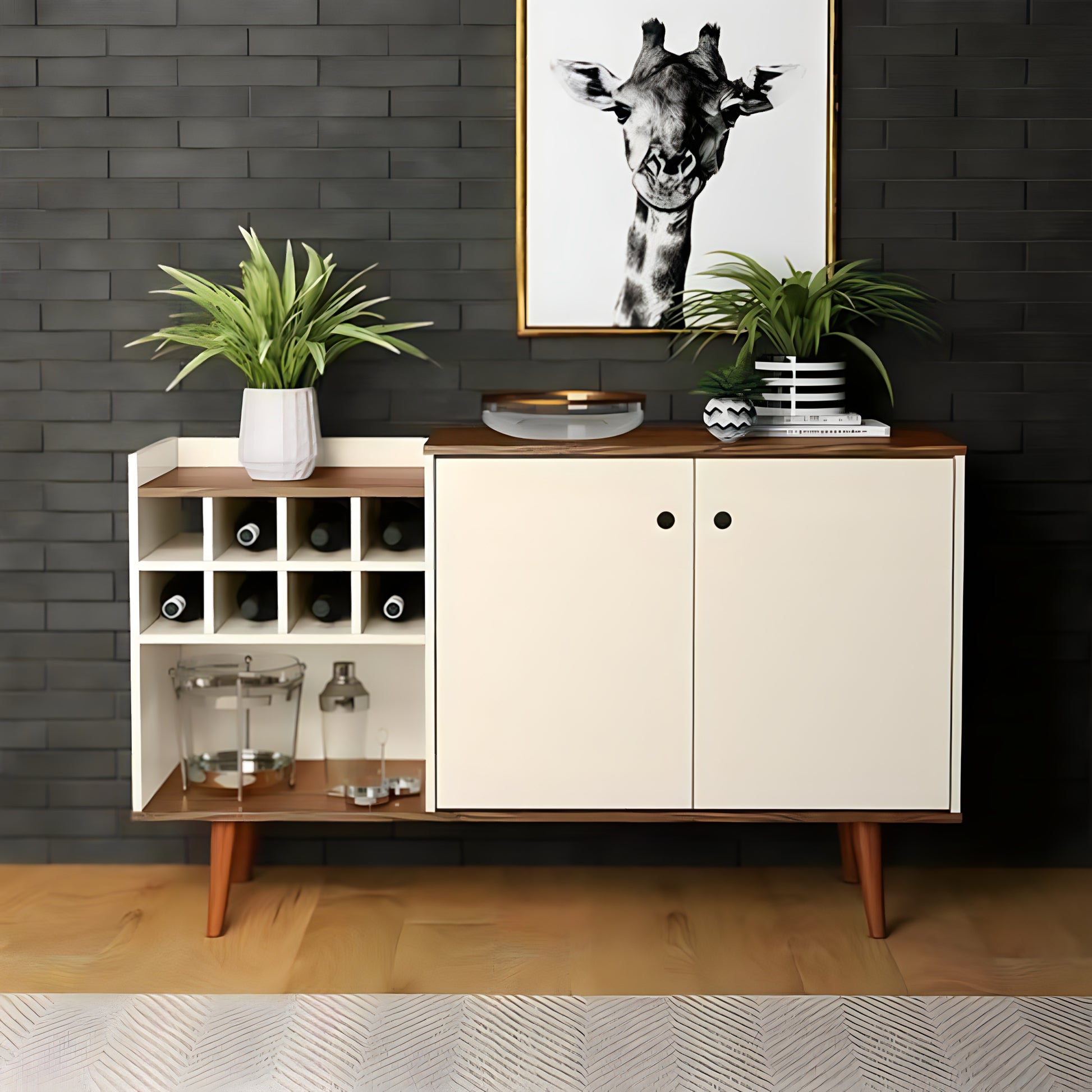 Modern sideboard with wine bottles, glasses, and decor against a dark brick wall.