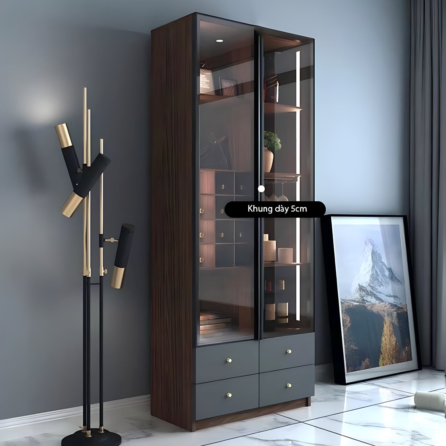 Modern interior design with a tall wooden cabinet, floor lamp, and framed picture.
