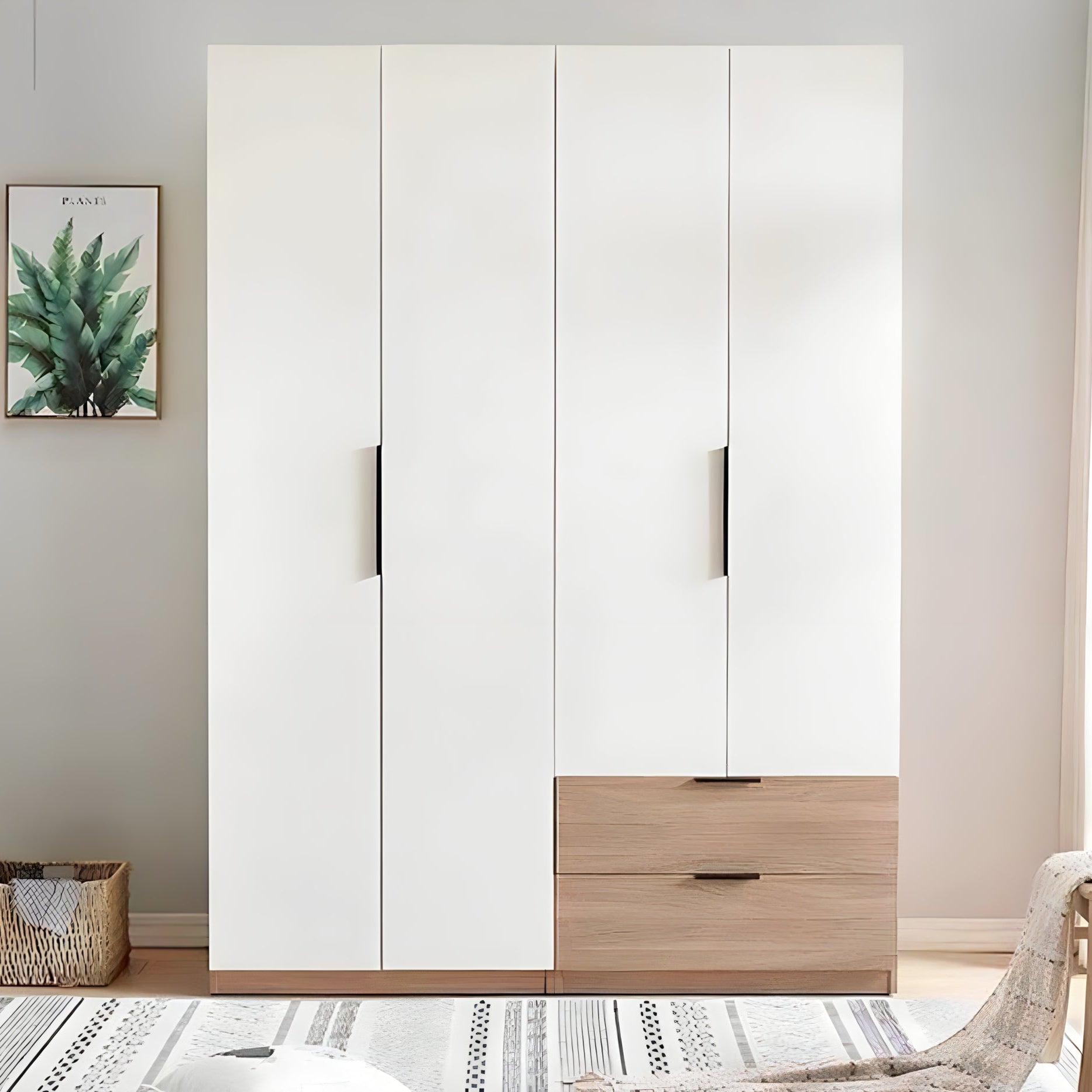 White wardrobe with wooden drawers in a room with a plant and basket on the floor.