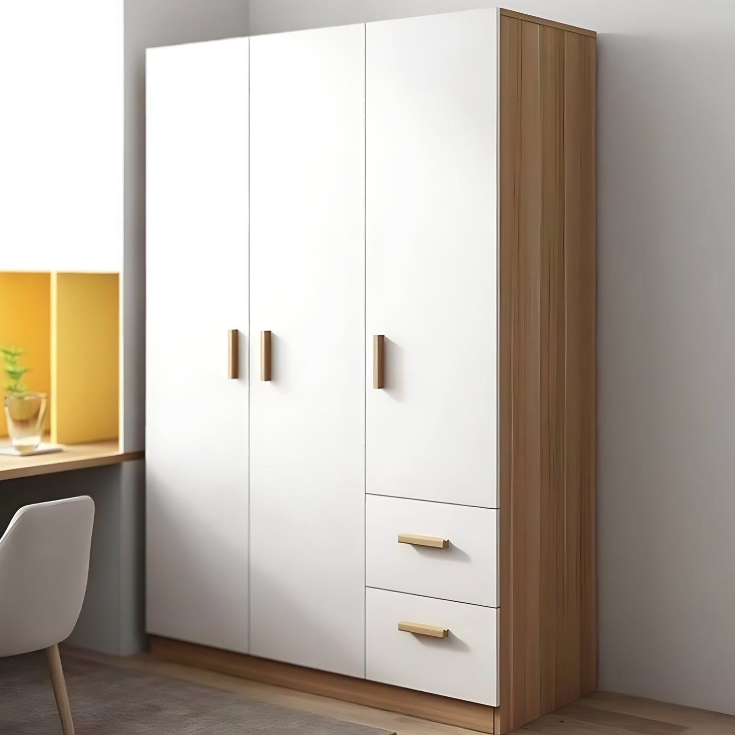 White wardrobe with wooden accents and gold handles in a room setting.