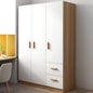 White wardrobe with wooden accents and gold handles in a room setting.