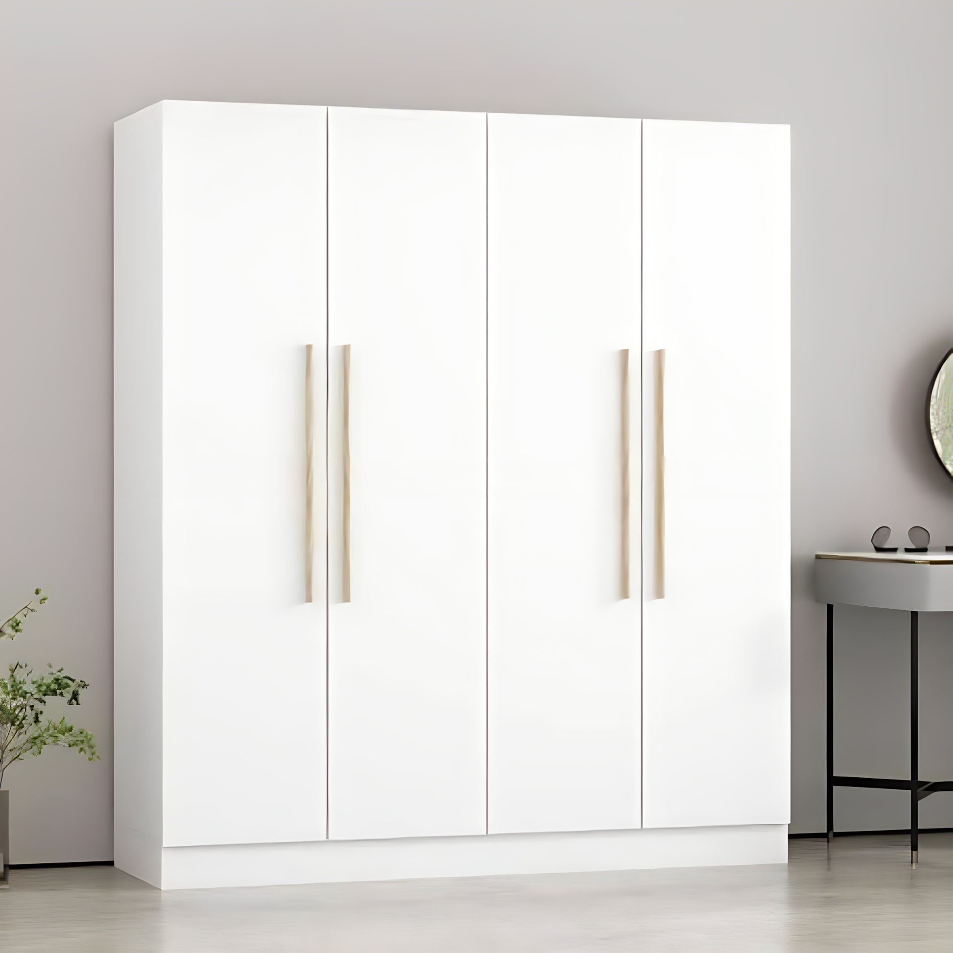 White wardrobe with wooden handles in a minimalistic room.