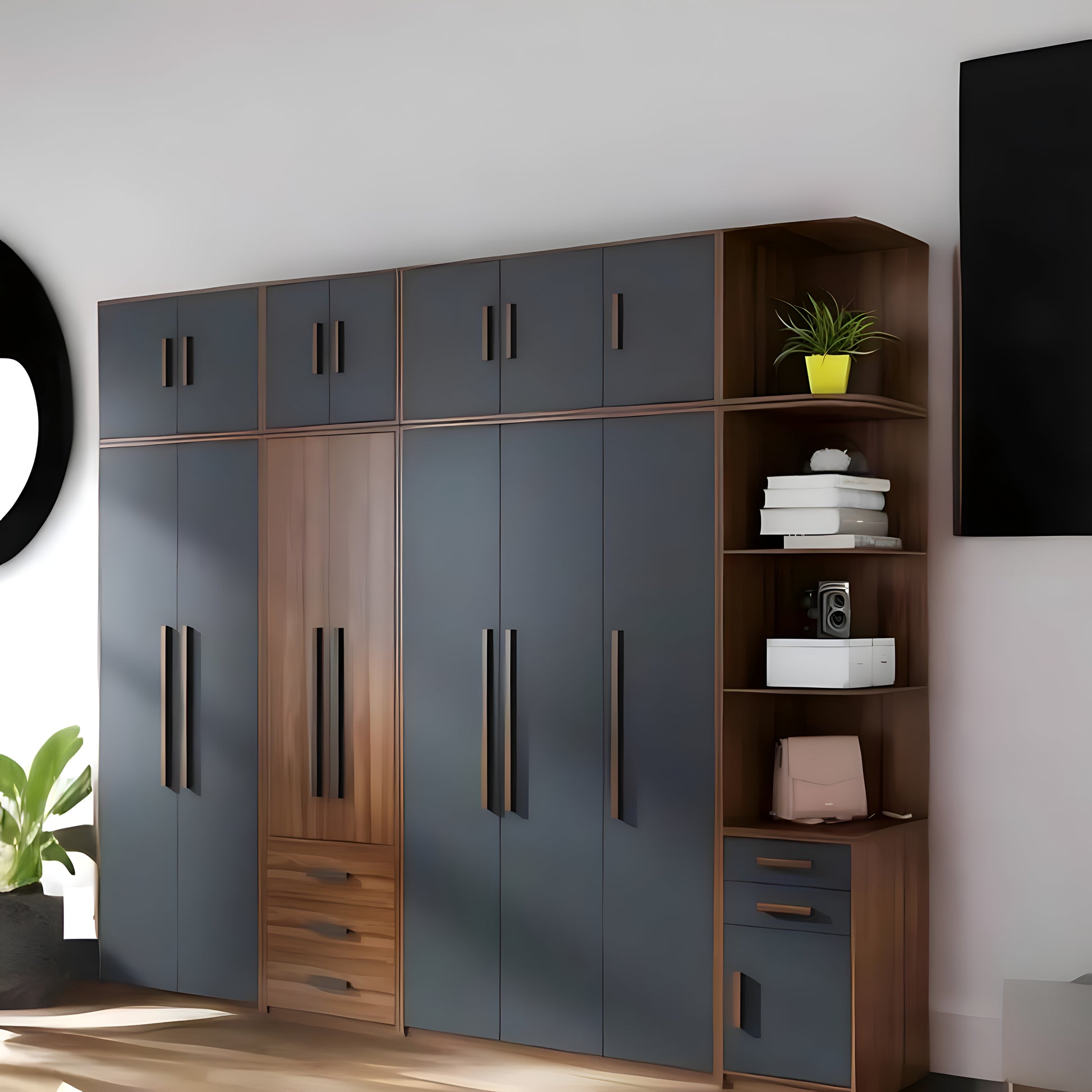 Modern wardrobe with wooden and gray doors in a room setting.