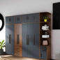 Modern wardrobe with wooden and gray doors in a room setting.